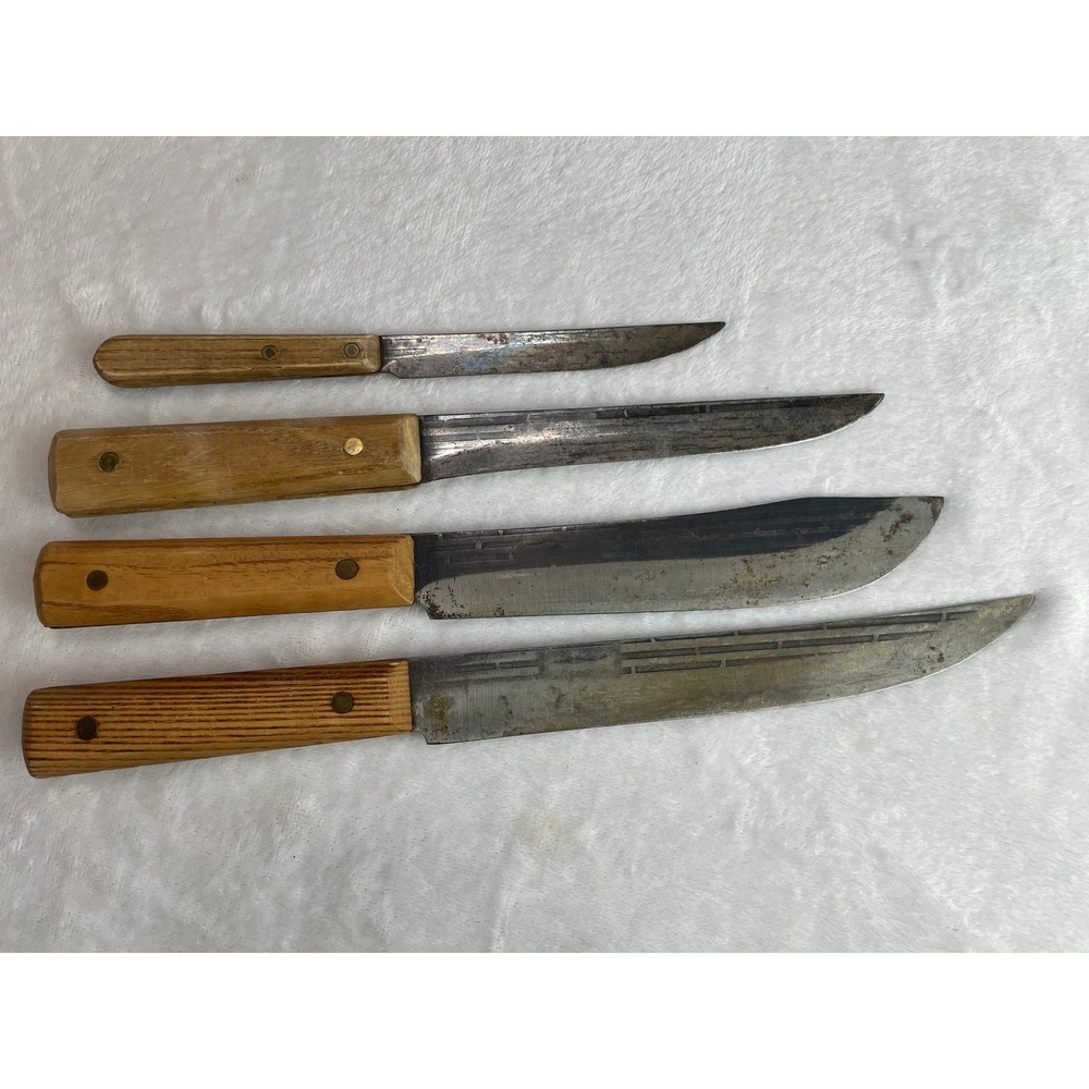 Vintage Forgecraft Hi-Carbon Steel Knife Set 4 Piece Wood Handle USA Made